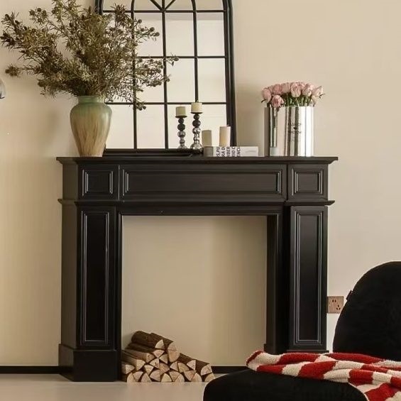 French-style vintage black fireplace frame without a burner, faux fireplace frame, entryway storage shelf, decorative fireplace cabinet for guesthouse living room