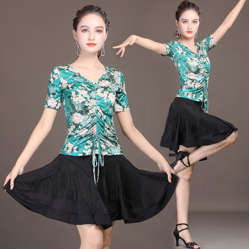 Green pink flowers floral latin dance costumes  salsa chacha dance dresses for women Square ballroom dancing tops and fringes skirts