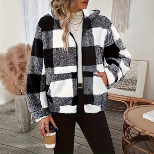 2025 Amazon Cross-Border Plaid Printed Double-Sided Plush Zipper Cardigan Hooded Autumn and Winter Casual Women's Plush Outerwear