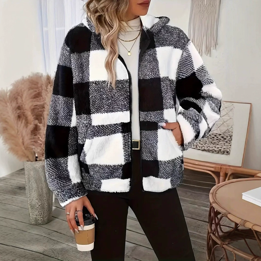 2025 Amazon трансграничная клетчатая двусторонняя плюшевая кардиган с капюшоном на молнии, осенне-зимняя повседневная женская плюшевая верхняя одежда