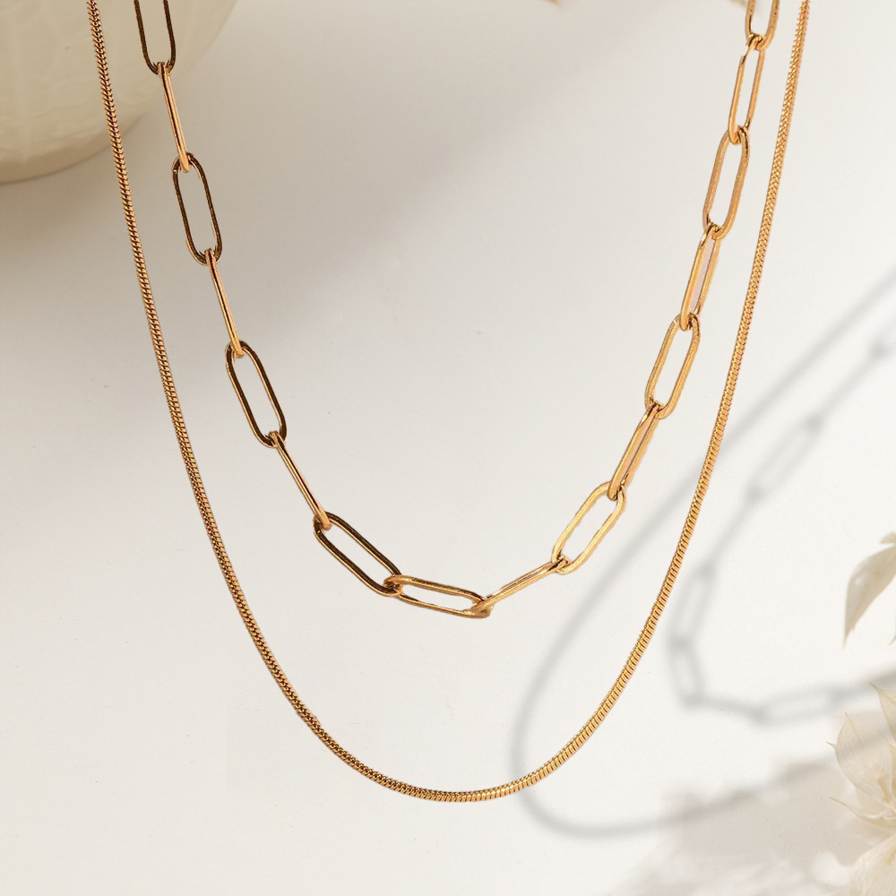 【XKN0156】더블 레이어 종이 클립 목걸이 골드