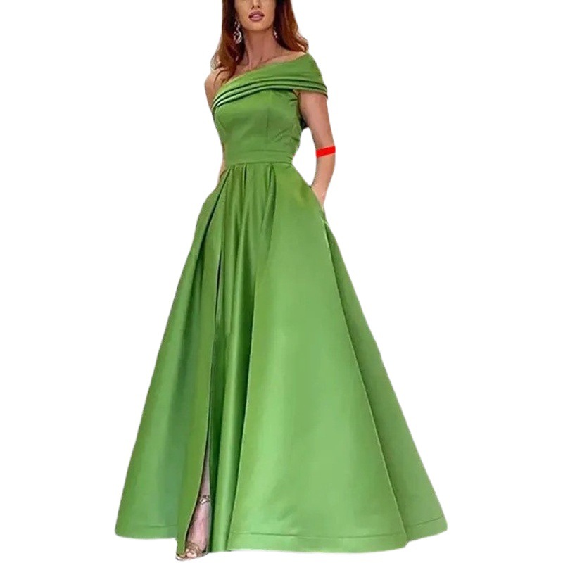 Comercio exterior un hombro satén vestido Amazon vestido de noche cumpleaños banquete pettiskirt verde split sexy vestido