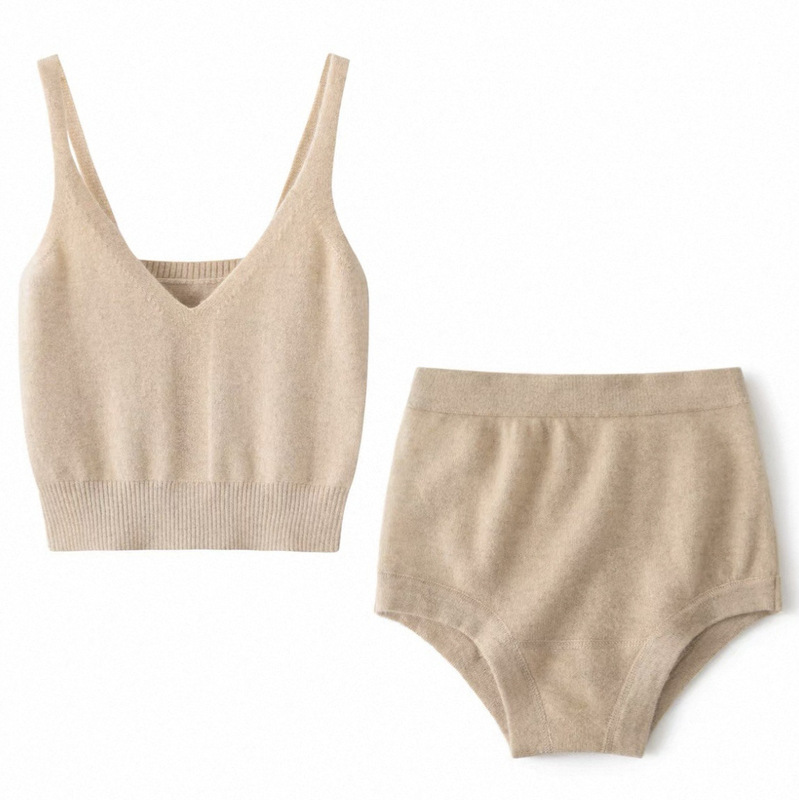 Soft and Warm Base Layer Vest and Underwear Set for Women, 100% Pure Cashmere V-Neck Camisole for Autumn and Winter Cold Protection