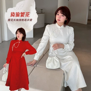k3256大码女装春秋季新款国风复古款珠链连衣裙 胖妹妹中长款裙子