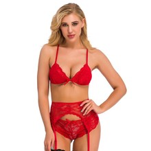 春季独立站跨境INS性感蕾丝塑身内衣深V吊袜带三件套套装现货