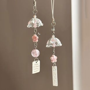 Cherry Blossom Wind Bell Pendant Mobile Phone Case Hanging Bag Camera Keychain Lanyard All-match Pink Beaded All-match Simple