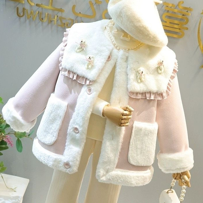 Mergaičių žieminis kostiumas mergaičių kailiukas viename korpuse plius vilnos storos paltinės kelnaitės dviejų dalių komplektas_voghion.com