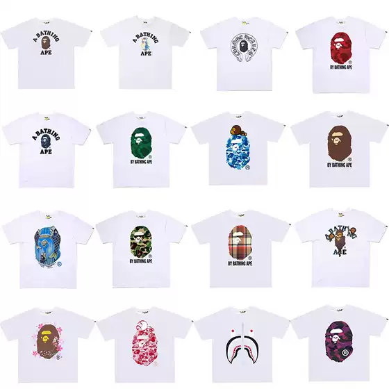 Cross-border Foreign Trade Streetwear BAPE Ape Head Short Sleeve T-Shirt Men Women Letter Print American Street Style Pure Cotton Couple Tee