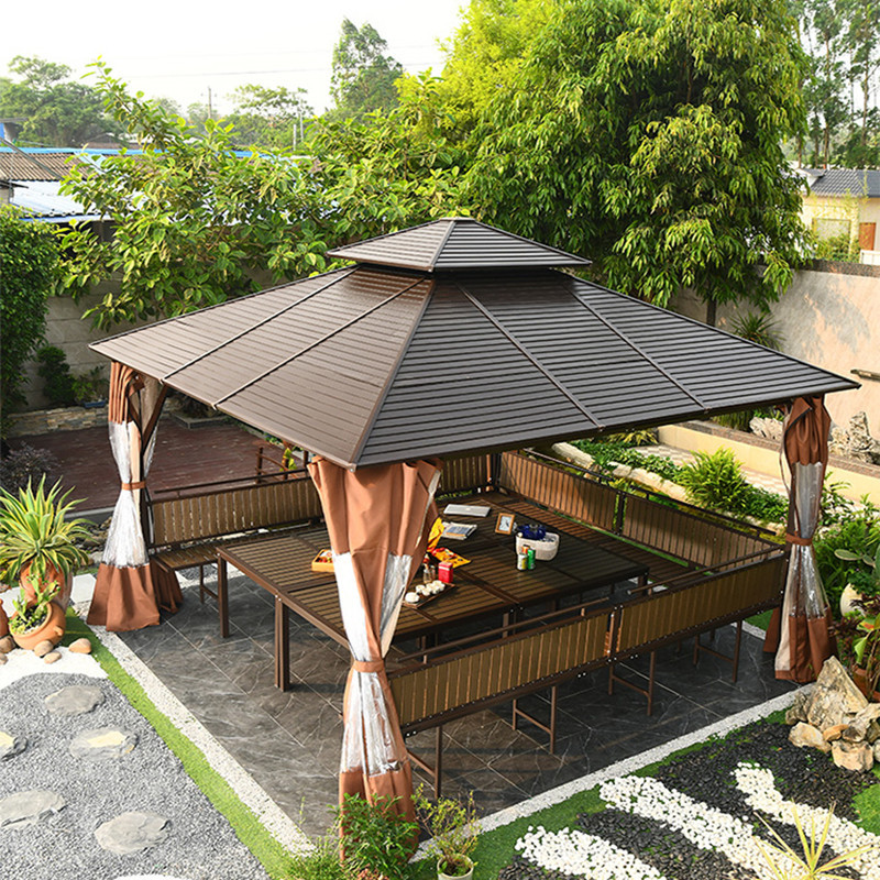 Gazebo para exteriores con cuatro columnas y techo galvanizado, para patio de villa, jardín, terraza, toldo de ocio, protección contra el sol y la lluvia.