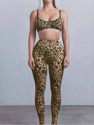 Women's Leopard Print Bra & High Waist Skinny Pants Comfy|ms