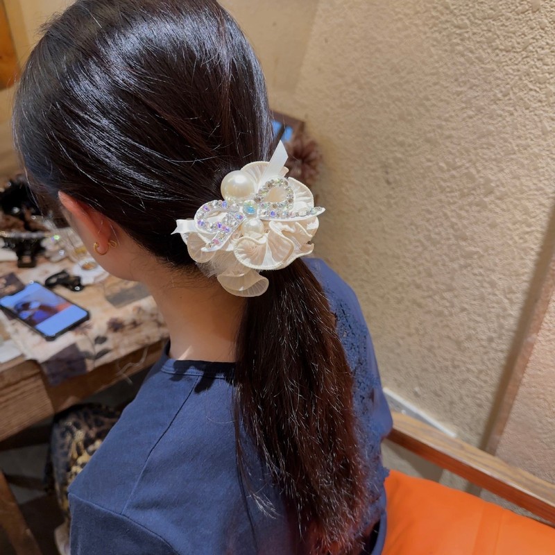 韩版蝴蝶结闪钻发圈发饰扎马尾丸子头头绳皮筋花边褶皱珍珠发套女|undefined