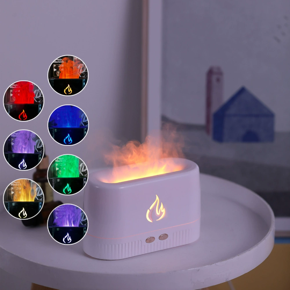 Ultrasonic Aroma Diffuser Humidifier, Simulated Flame LED Desktop Diffuser, White/Black, Colorful Flame