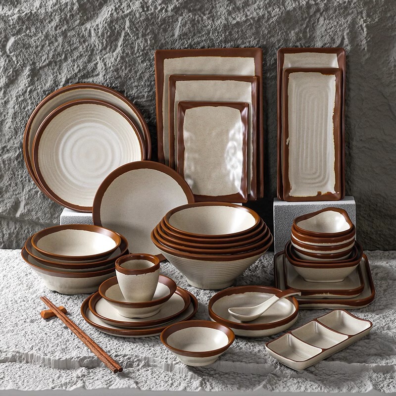 Melamine Tableware Imitation Rustic Ceramic Coarse Pottery Vintage Bowls and Plates Set Sichuan Cuisine Restaurant Hotel Rustic Bowls Tableware