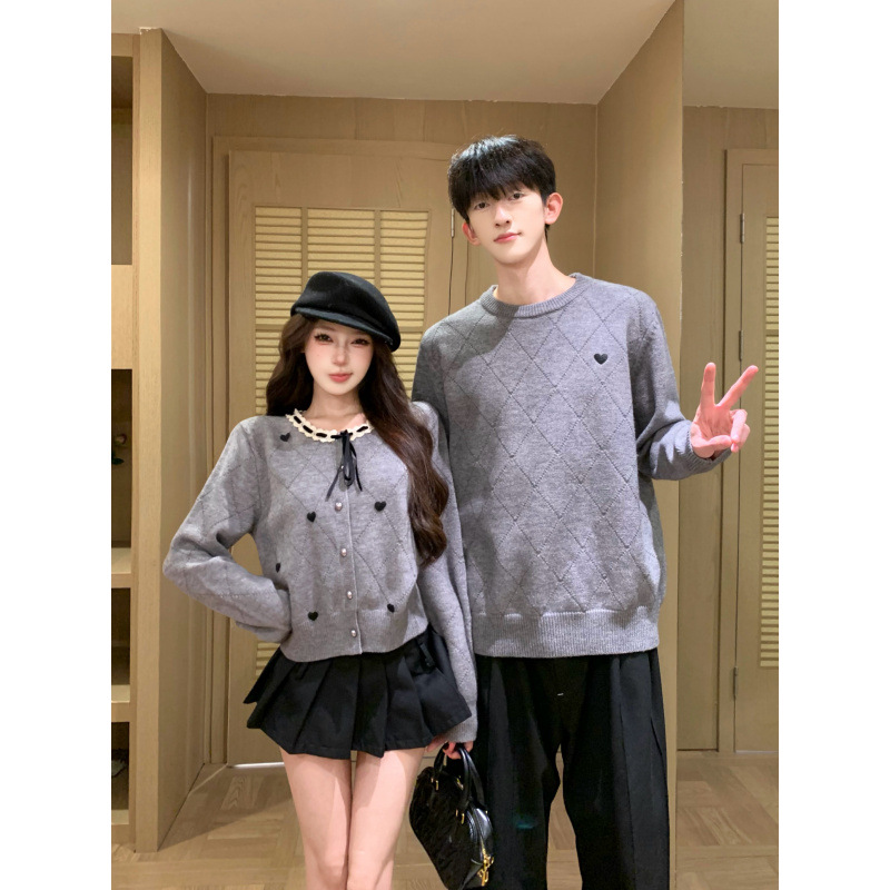 2026 Couple's Outfits for Autumn and Winter: Women's Heart Pattern Sweater Cardigan, Women's Knitwear, Men's Pullover Sweater