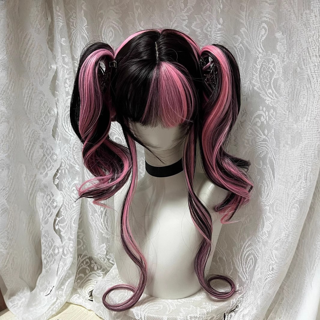 清欢假发女原创-欧泊石黑色挑染粉色少萝Lolita长卷发cos全头套式