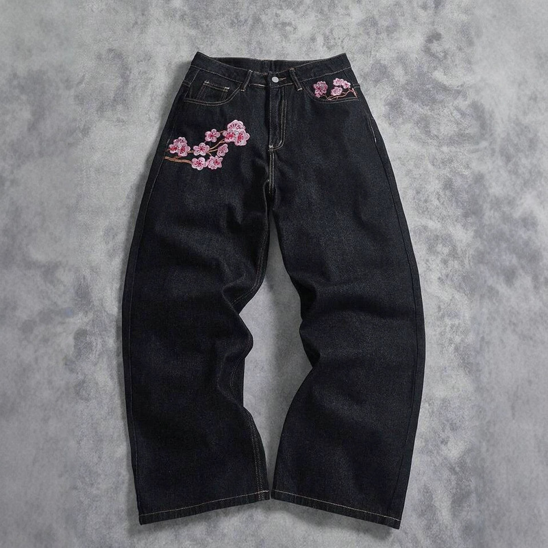 American Retro Style Cherry Blossom Embroidered Wide-Leg Jeans for Men, High-Waisted, Slimming, Unique Street Style, Loose Fit, Floor-Length, Drapey Pants