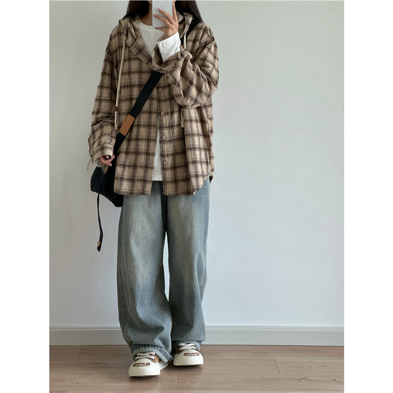 春秋日系复古连帽磨毛格子衬衫男女宽松休闲卫衣拼色长袖衬衣外套|undefined