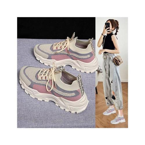 Women's  Spring and Autumn New Fashionable Casual Thick Sole Running Sneakers with Brand Break Code Discount Knit Dad Shoes