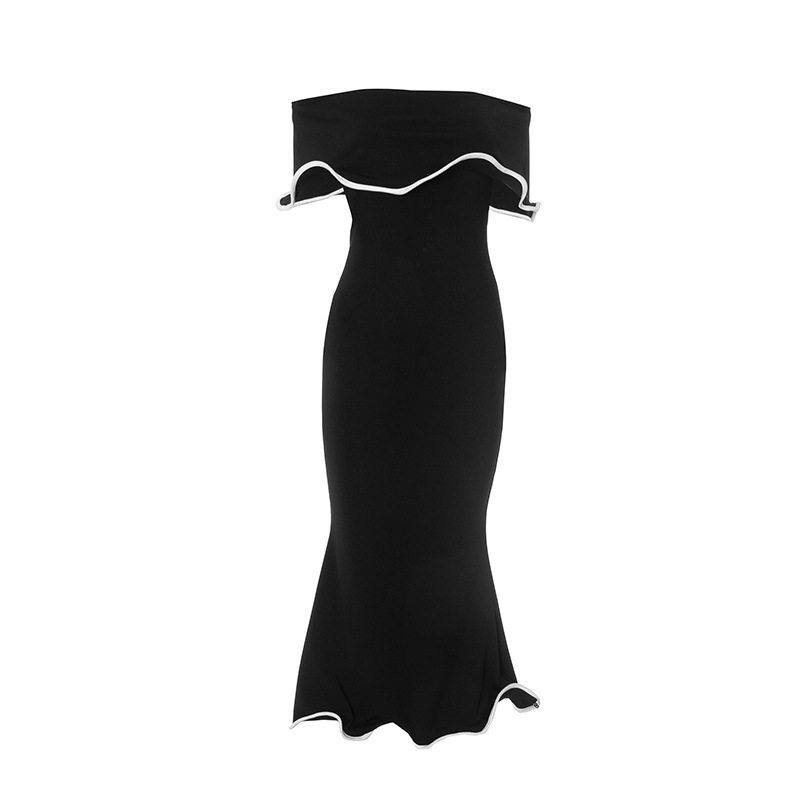 Women Clothing Summer Contrast Color Ruffled off the Shoulder Tube Top Backless Sheath Sexy Dress