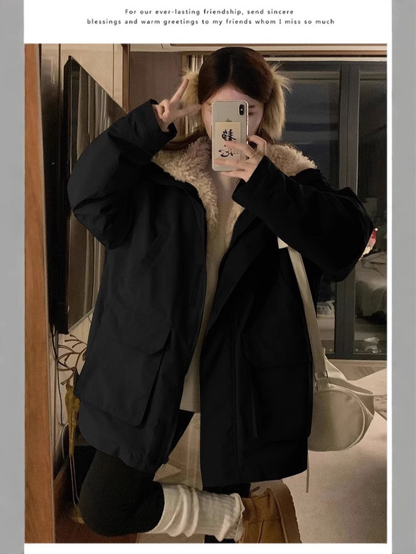 欧货赵露思同款派克服冲锋衣女中长款羊羔绒加绒加厚拼接棉服外套|undefined