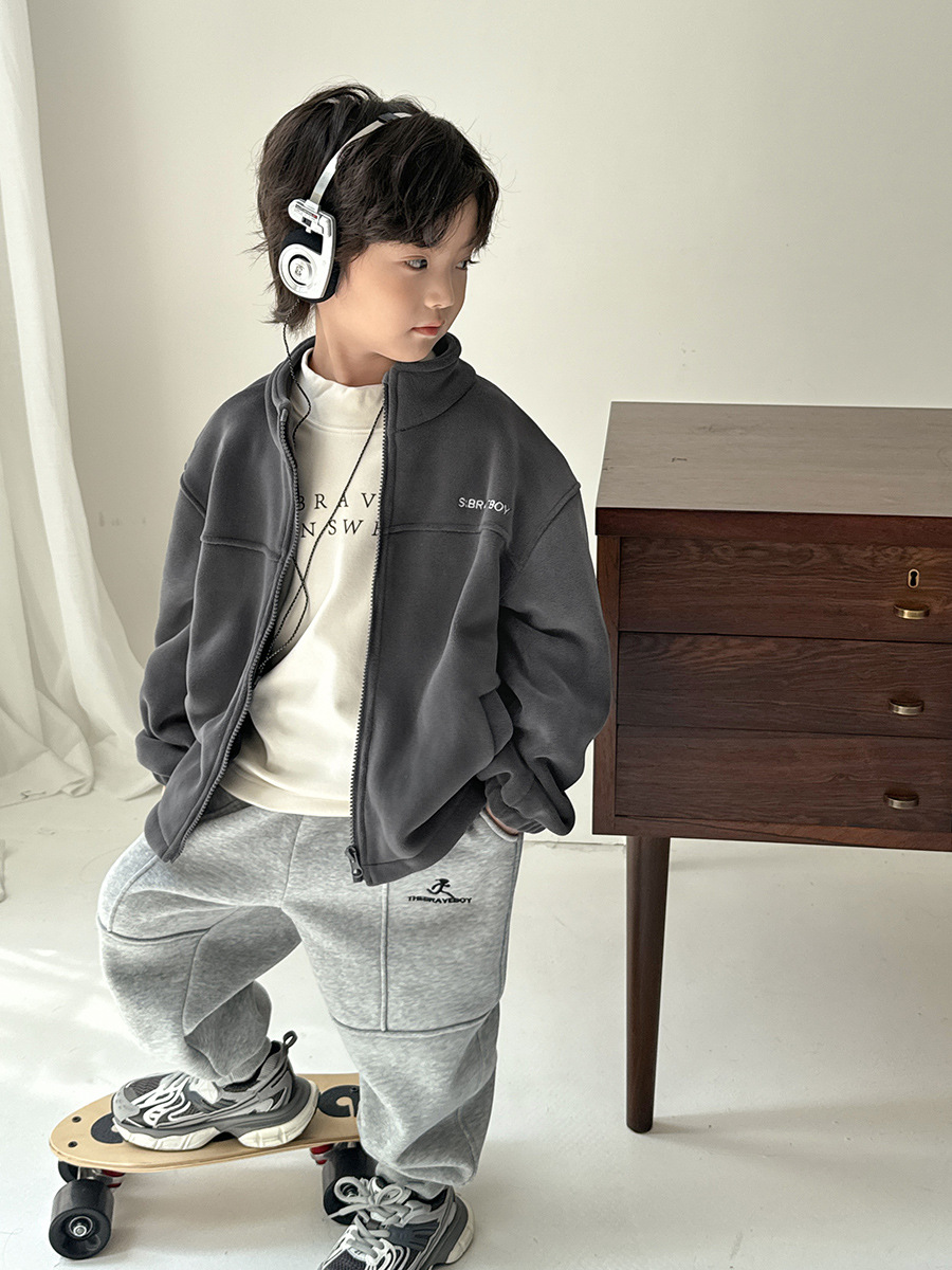 【2 Pieces 20% off ,3 Pieces 30% off 】Haima's Children's Clothing Boys' Fleece Cardigan Jacket with Stand Collar Autumn and Winter Tops