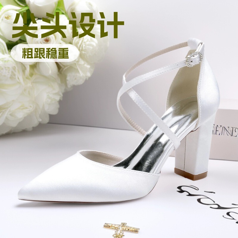 2025 Thick Heel Pointed Toe Cross Strap Wedding Shoes Bridal Shoes Bridesmaid Shoes Banquet Shoes 22014-59