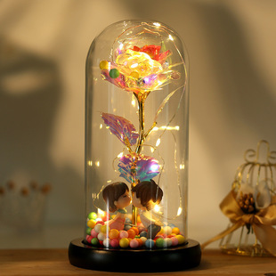 Creative Colorful 24K Gold Foil Flower Color Gold Imitation with Light Immortal Rose Glass Cover Gift Box suit Valentine's Day