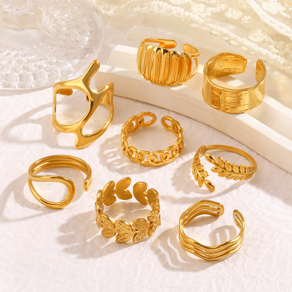 French Retro Geometric Gold Stainless Steel Open Ring For Women_voghion.com
