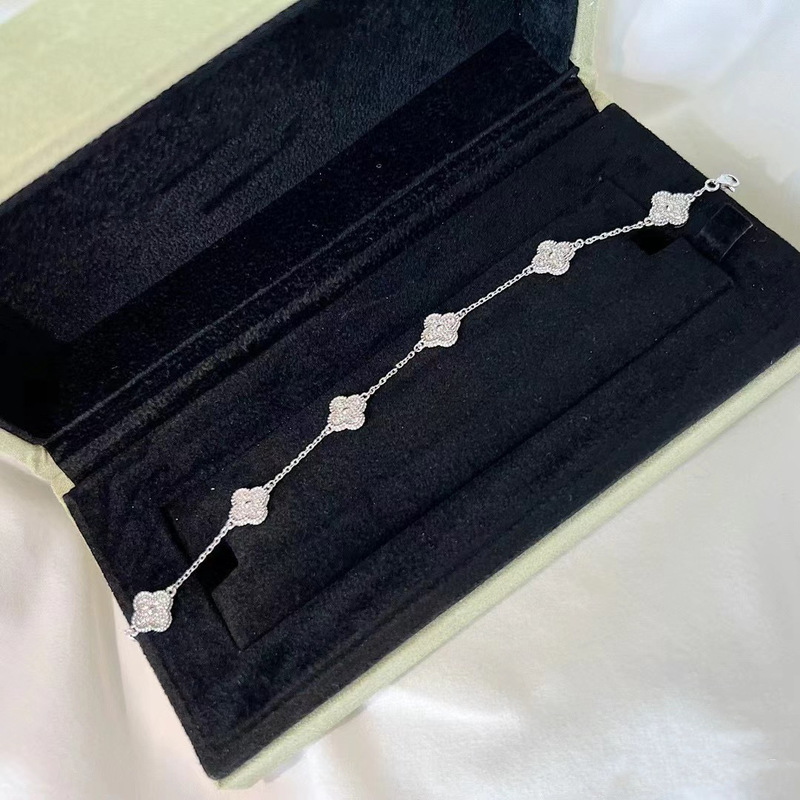 High Version V Gold Six-Flower Four-Leaf Clover Platinum Full Diamond Mini Bracelet Women's Internet Celebrant Lucky Grass Bracelet Little Red Book Same