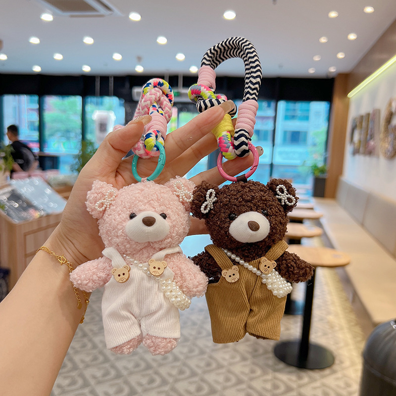 Cute Terry Overalls Bear Keychain Cute Pearl Shoulder Bag Doll Korean Cartoon Bag Pendant Finished Product