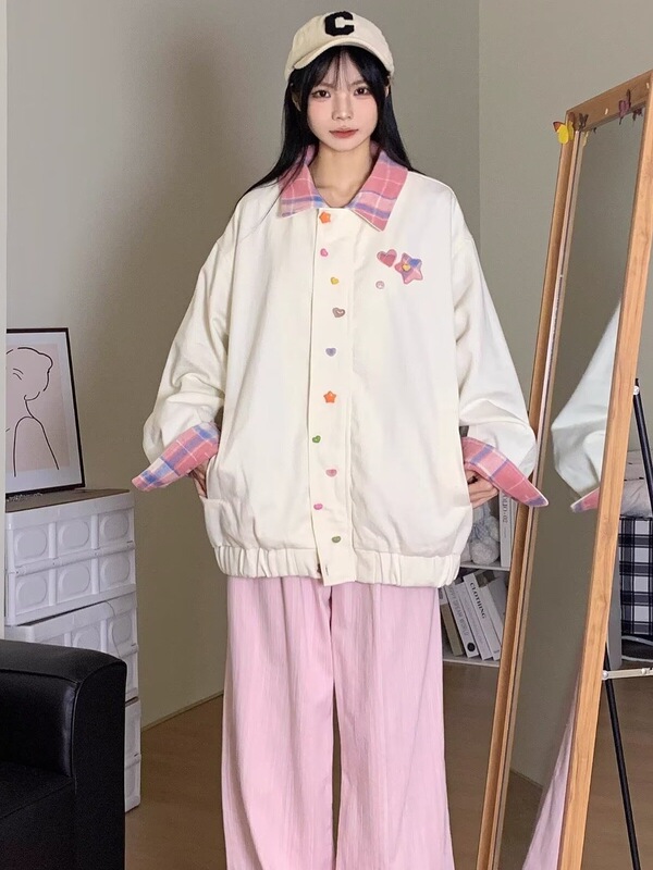 2025 Early Spring New Plaid Patchwork Baseball Suit Women's Coat Men's Sense Loose Casual All-match Jacket Top Autumn and Winter