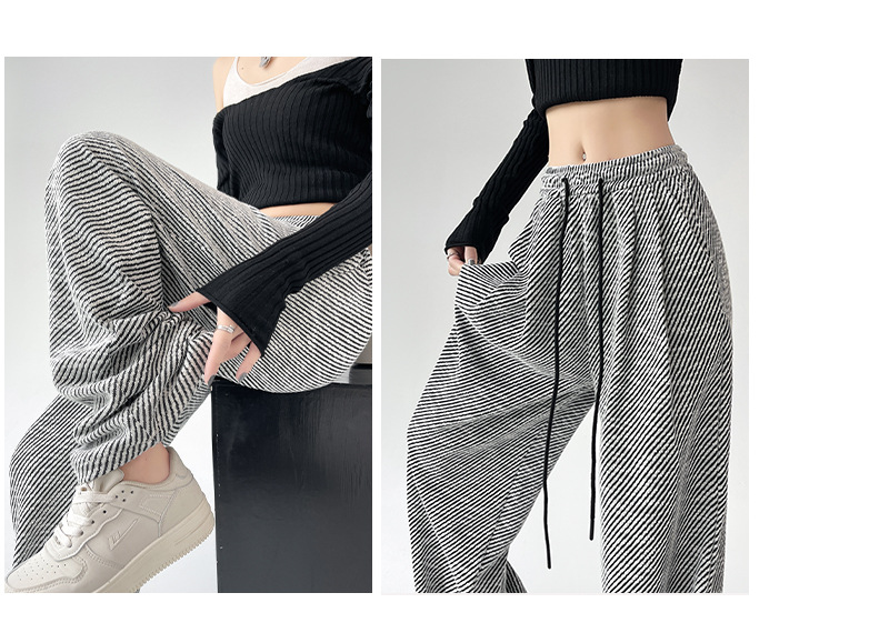 Pantaloni a gamba larga autunnali da donna, larghi e pigri, a righe diagonali nere e bianche, pantaloni sportivi dritti casual_voghion.com