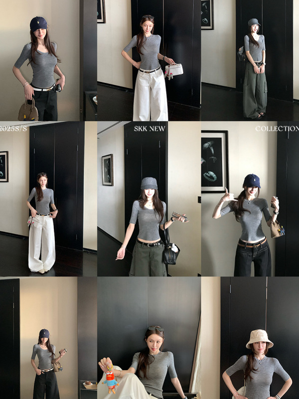 Skk Store 新澳美利奴仿羊毛~中袖U领/圆领针织打底衫|undefined