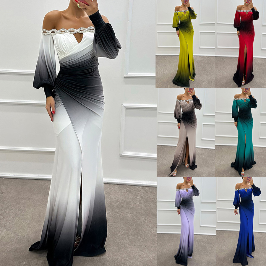 Abito da sera elegante monospalla a maniche lunghe per donna_voghion.com