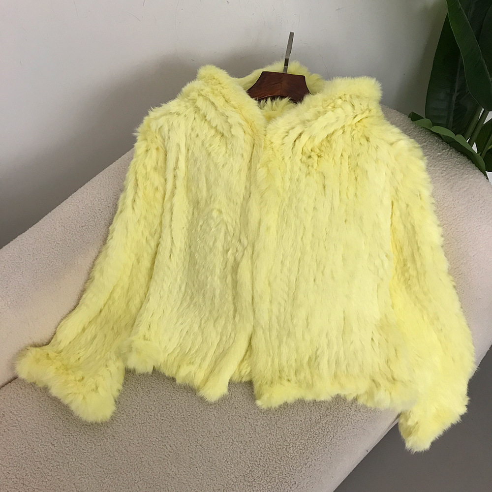 Abbigliamento da donna Nuovo autunno e inverno Criptato ispessito fatto a mano a doppia faccia tessuto con cappuccio corto in pelliccia di coniglio per le donne stile giovane_voghion.com