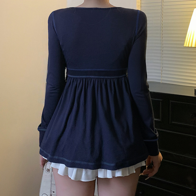 清纯温柔风V领花边设计高腰长袖T恤女宽松慵懒居家裙摆型上衣外贸|undefined