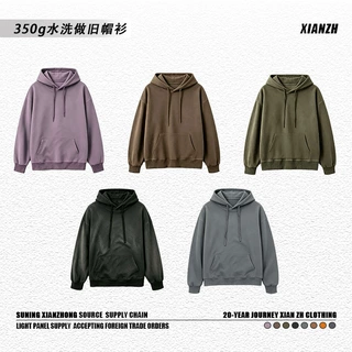 外贸350g水洗做旧帽衫宽松蜡染欧码复古外套美式落肩连帽卫衣潮牌