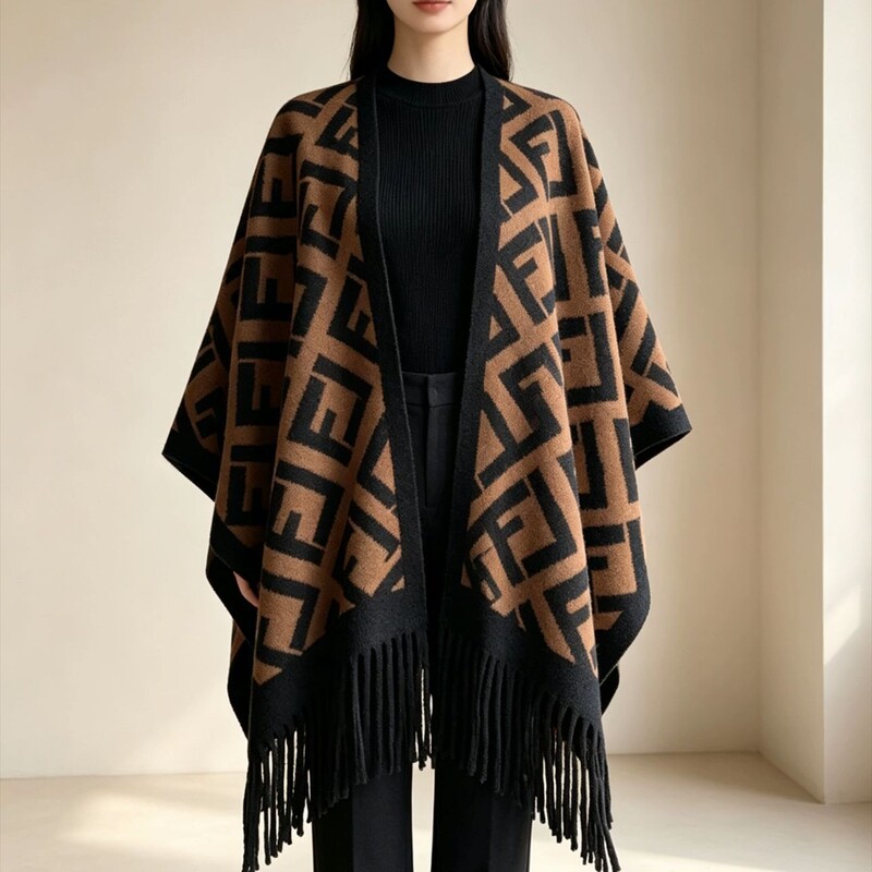 Women's F-letter cape coat, spring and autumn Korean style long cardigan, blanket shawl with tassels, warm new style