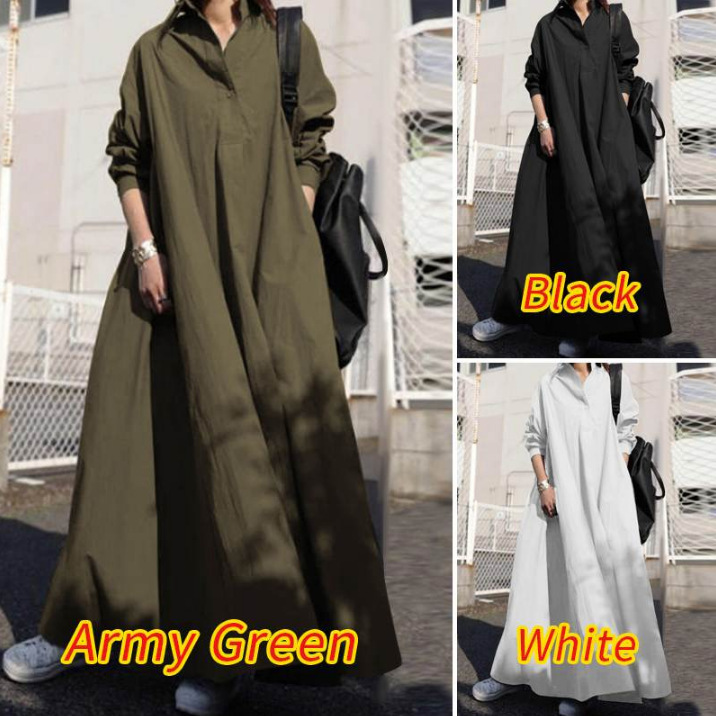 크로스 보더 AliExpress 아마존 가을 소나무 긴 소매 대형 스윙 단색 면화와 린넨 복고풍 에스닉 바람 와이드 원피스