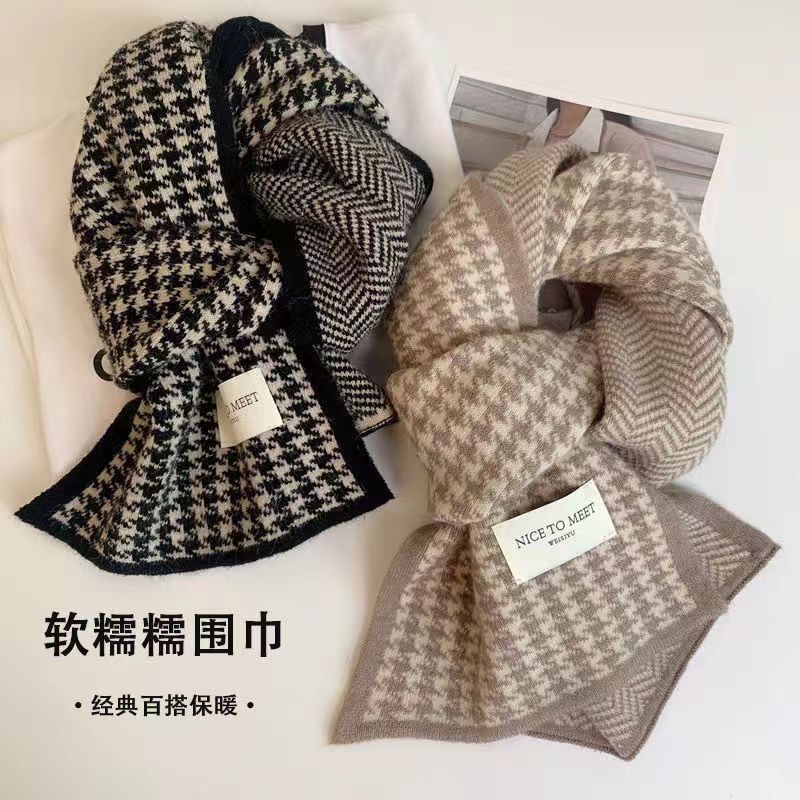 针织千鸟格围巾秋冬季韩版百搭装饰高级感围脖学生情侣保暖加厚款|undefined