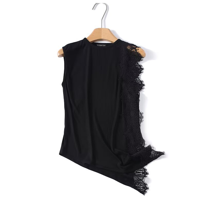 Amazon Wholesale New Summer Women's Clothing Versatile Holiday Style Lace Detail Asymmetrical Round Neck Sleeveless Top