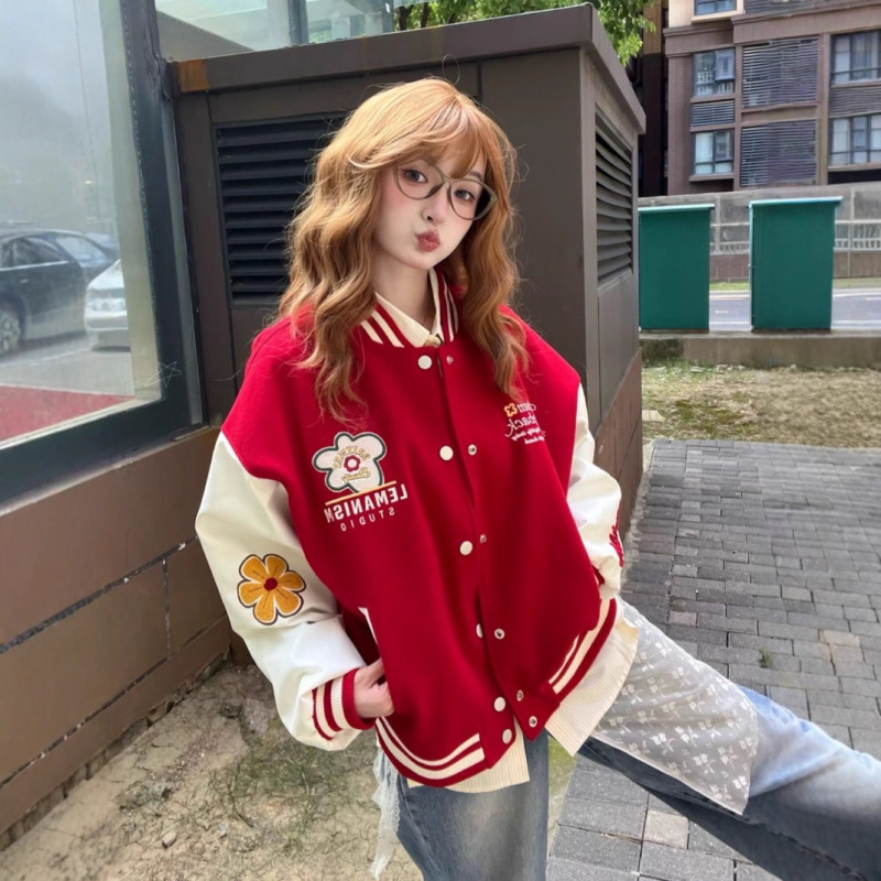 Vintage Embroidered Baseball Jacket for Women, Autumn 2026 New Style, College Style Cute Bear Color-Block Loose Cardigan Jacket