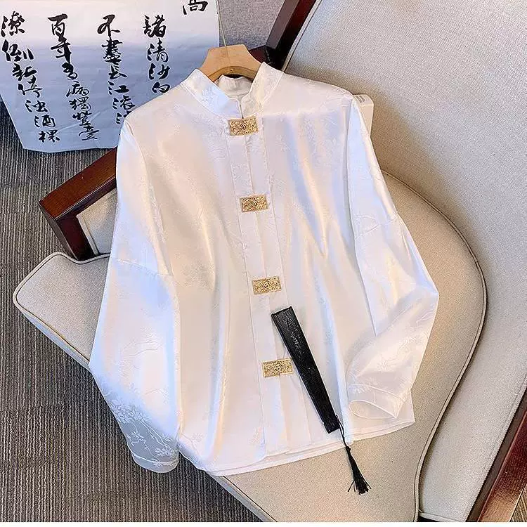 宽松大码胖mm300斤新中式汉服衬衫女秋冬季提花立领盘扣衬衣