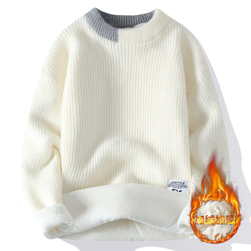 Men's Sweater Men's Autumn and Winter Round Neck Teenagers Students All-match fleece-lined Thickened Fashionable Warm Base Sweater