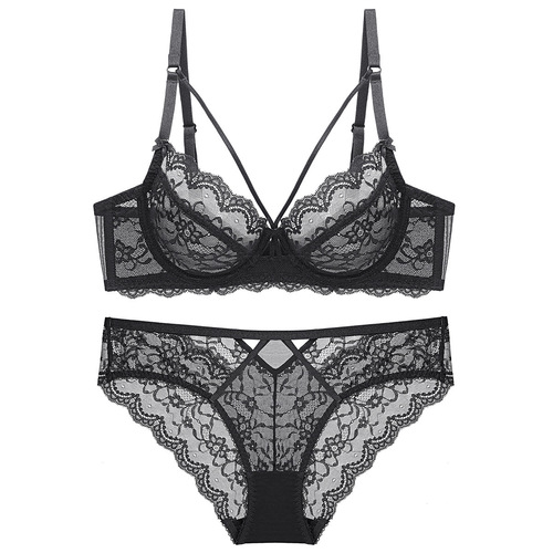Sexy lace underwear, big breasts, anti-sagging, large size bra set, ultra-thin sponge-free transparent bra