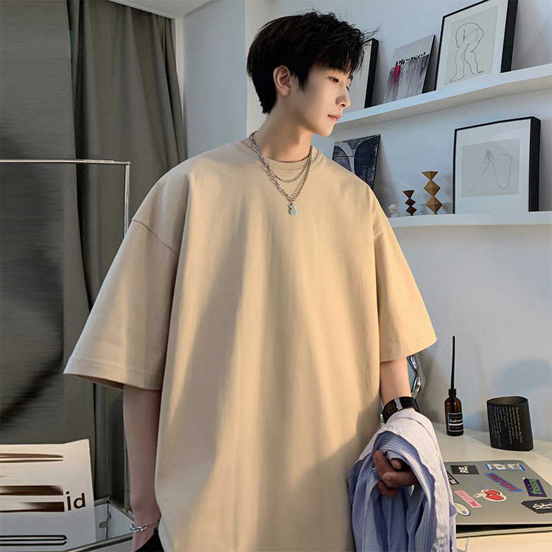 Summer pure cotton men's short sleeved T-shirt, men's solid color fashionable, simple and versatile, shoulder style casual bottom shirt_voghion.com