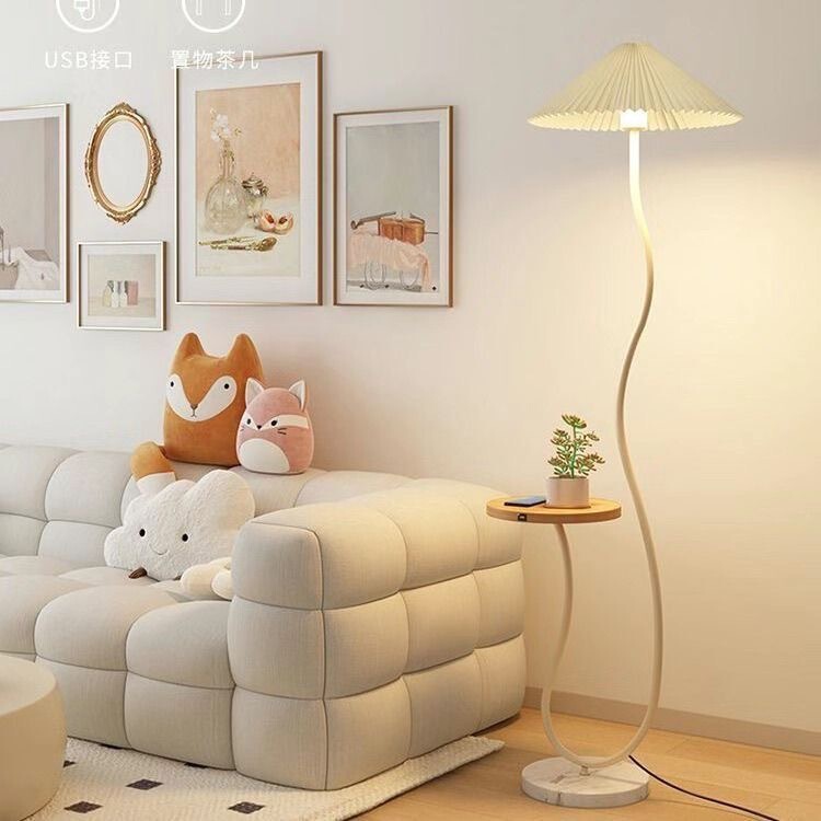 Integrated Pleated Floor Lamp with Storage Rack, Cream Style Living Room Sofa Side Decorative Coffee Table Floor Lamp, Bedroom Bedside Lamp