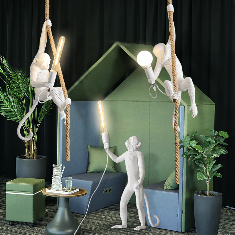 奧博北歐樹脂猴子壁燈餐廳酒吧復古麻繩吊燈猴子裝飾檯燈跨境專供