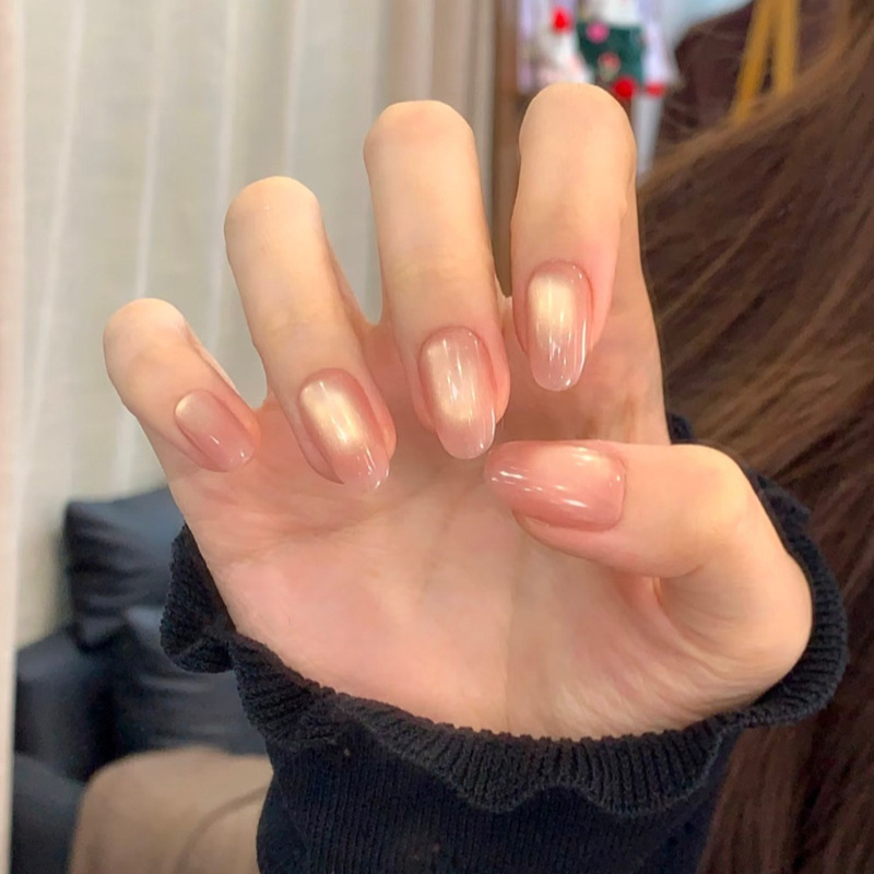 Simple, everyday, natural-looking, subtly rosy, pearlescent, cream-colored glass beads, cat-eye short oval press-on nails, wholesale