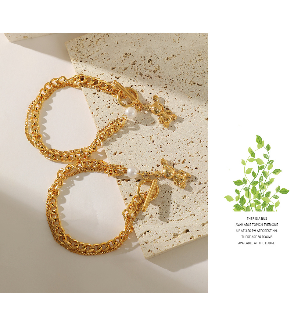 Cute Bear Stainless Steel Gold Plated Artificial Pearls Bracelets